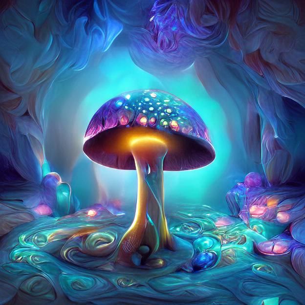 Luminescent Psychedelic Mushrooms in a Whimsical Landscape