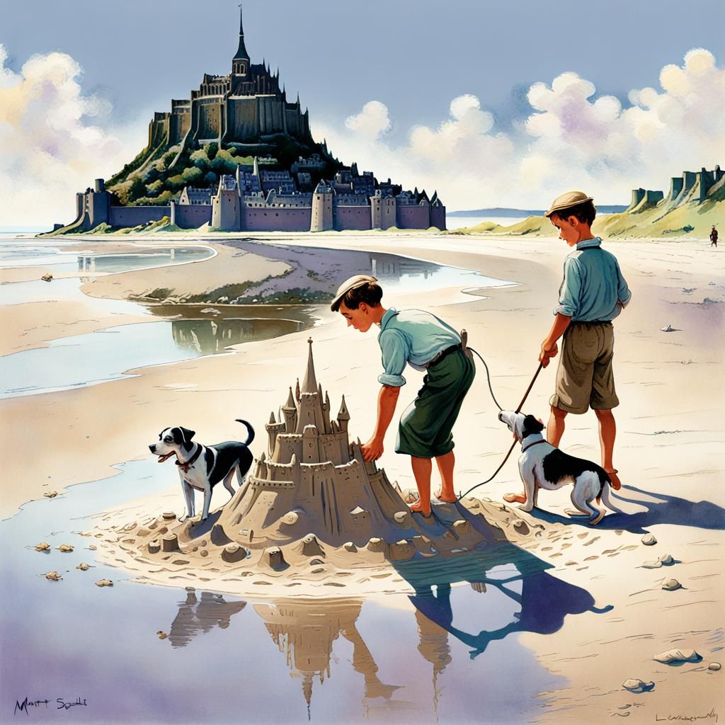 Boys Build Sandcastle in Rockwell-Inspired Illustration