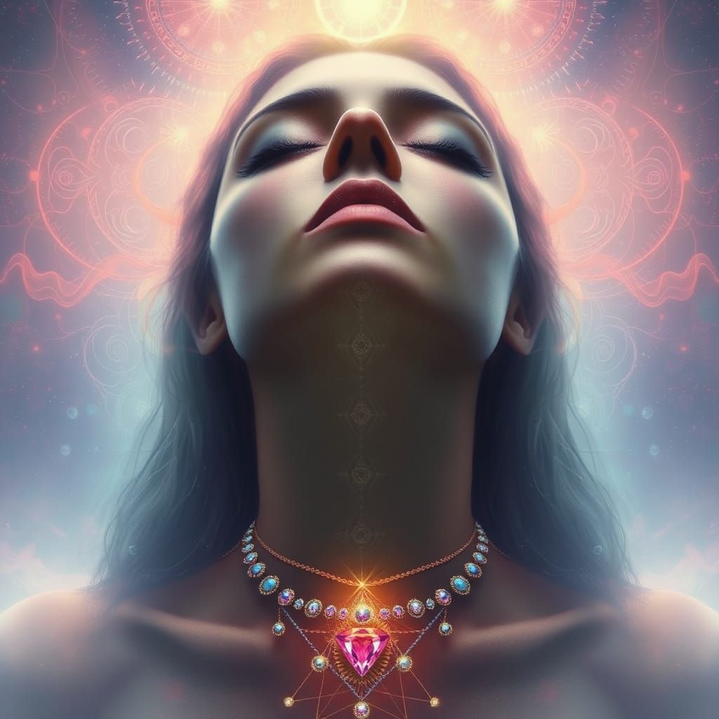 Meditative Woman with Throat Chakra Gemstone Necklace
