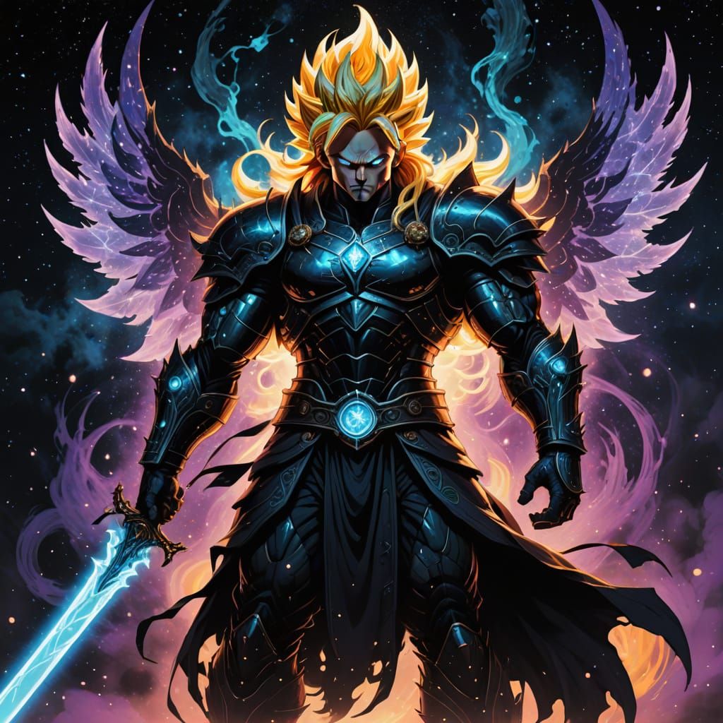 Ethereal Knight in Swirling Nebula, Ink Art Style