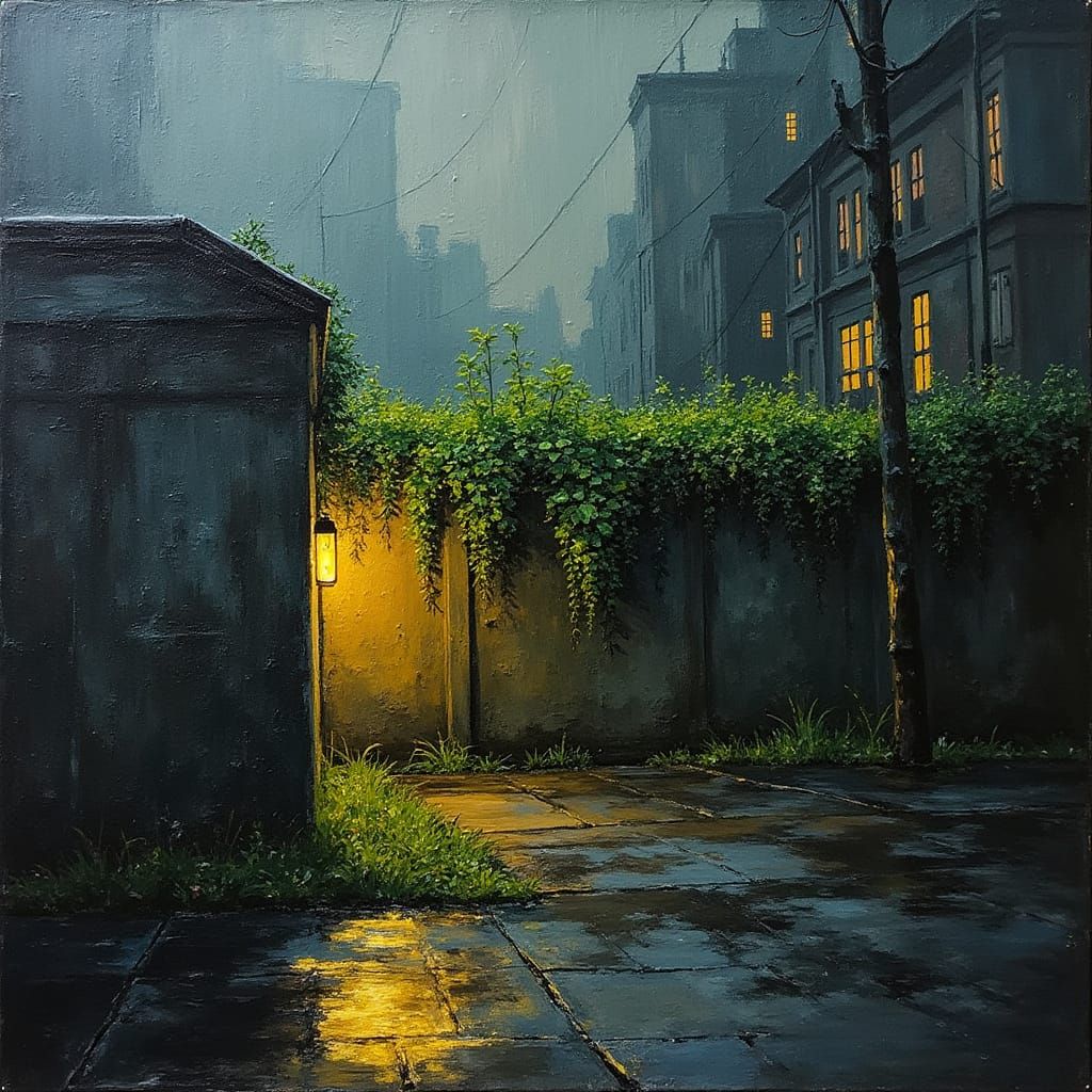 Impasto Encaustic Painting of Vibrant Green Wall in Moody Ur...