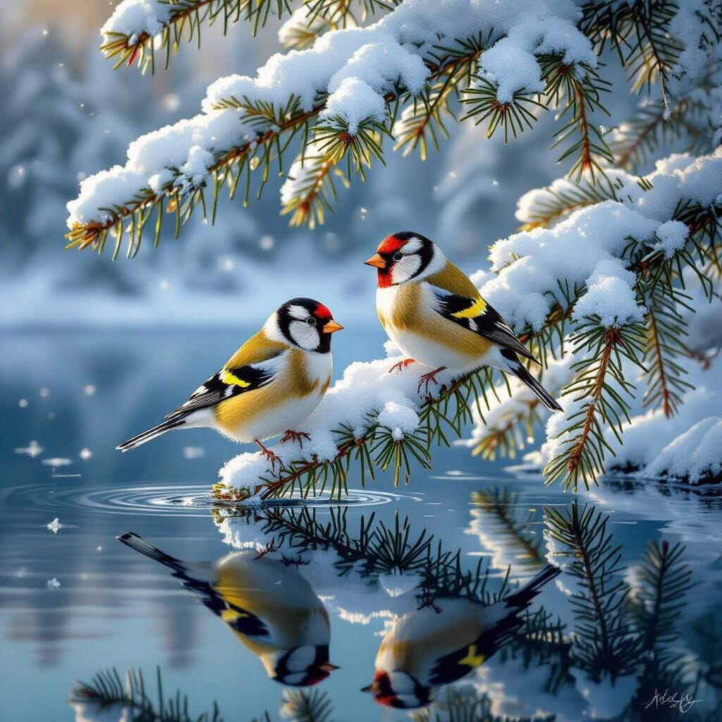 Goldfinches on Snowy Pine Tree with Lake Reflection