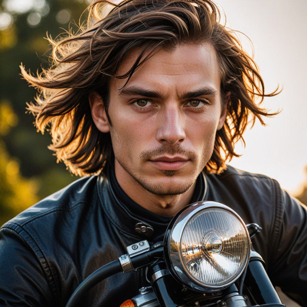 Young Man Rides Motorcycle as Iconic Portrait