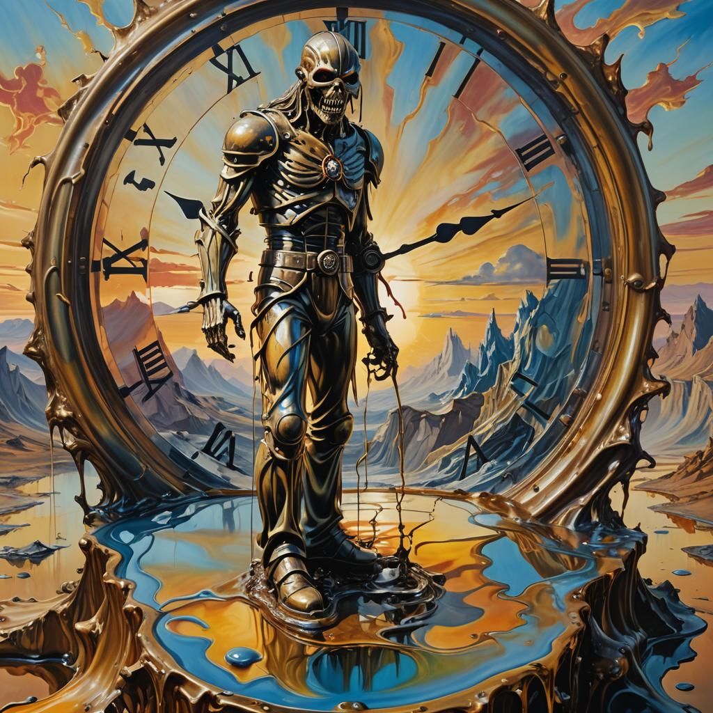 Iron Maiden on Melting Clock in Surreal Landscape