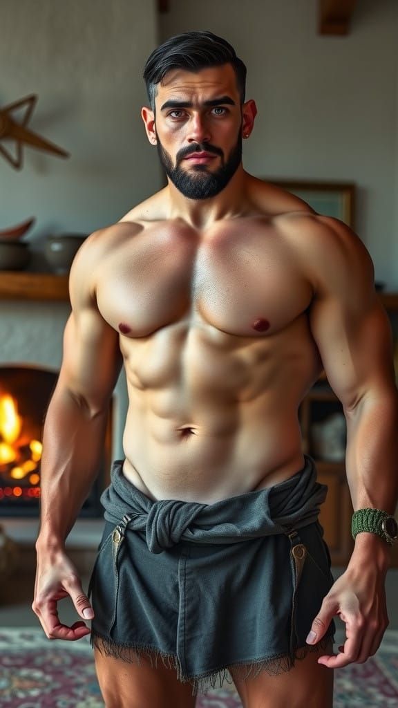 Handsome Muscular Father in a Cozy Living Room Scene