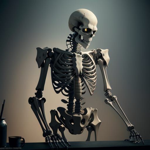 Robot Offers Coffee to Skeleton in Detailed Digital Painting