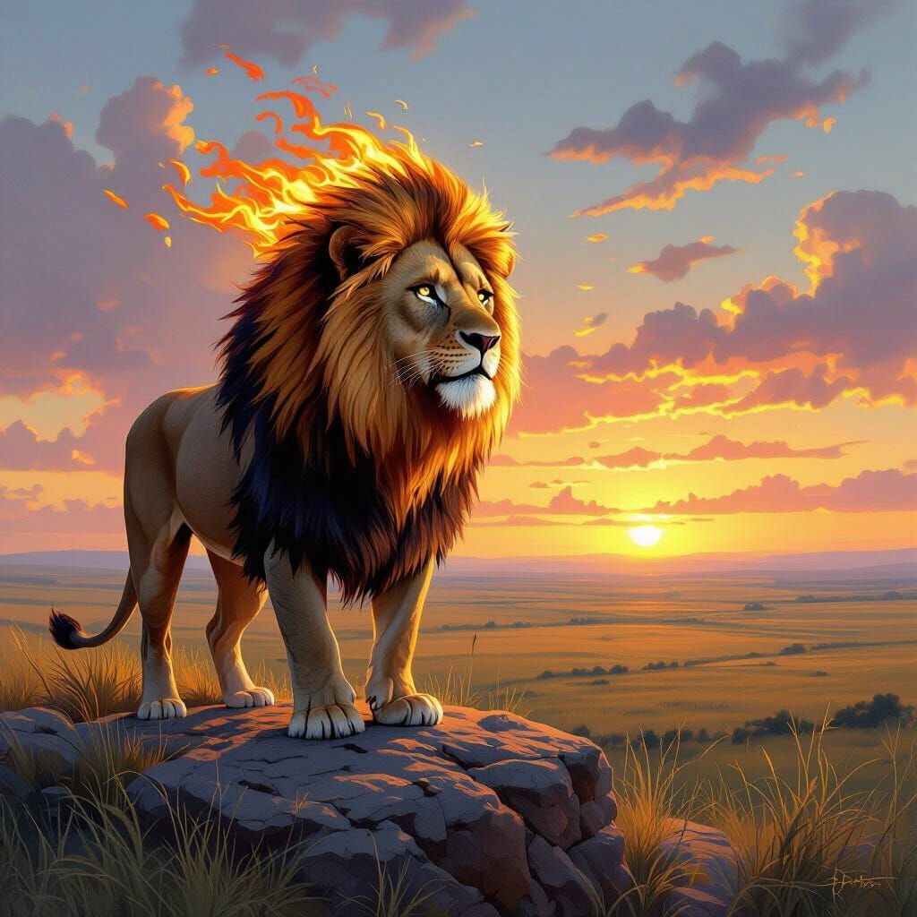 Lion with Flaming Mane Oil Painting