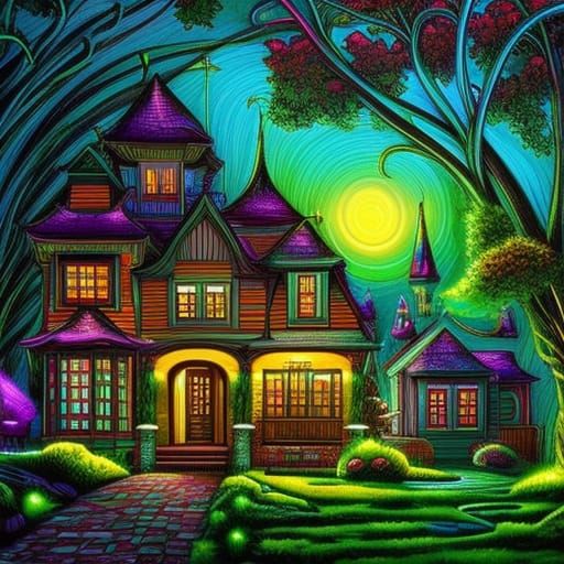 Fantasy Home with Neon Lines in Burton Style