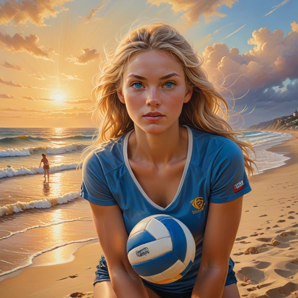 Beautiful Blonde Volleyball Player Captured in Golden Hour O...