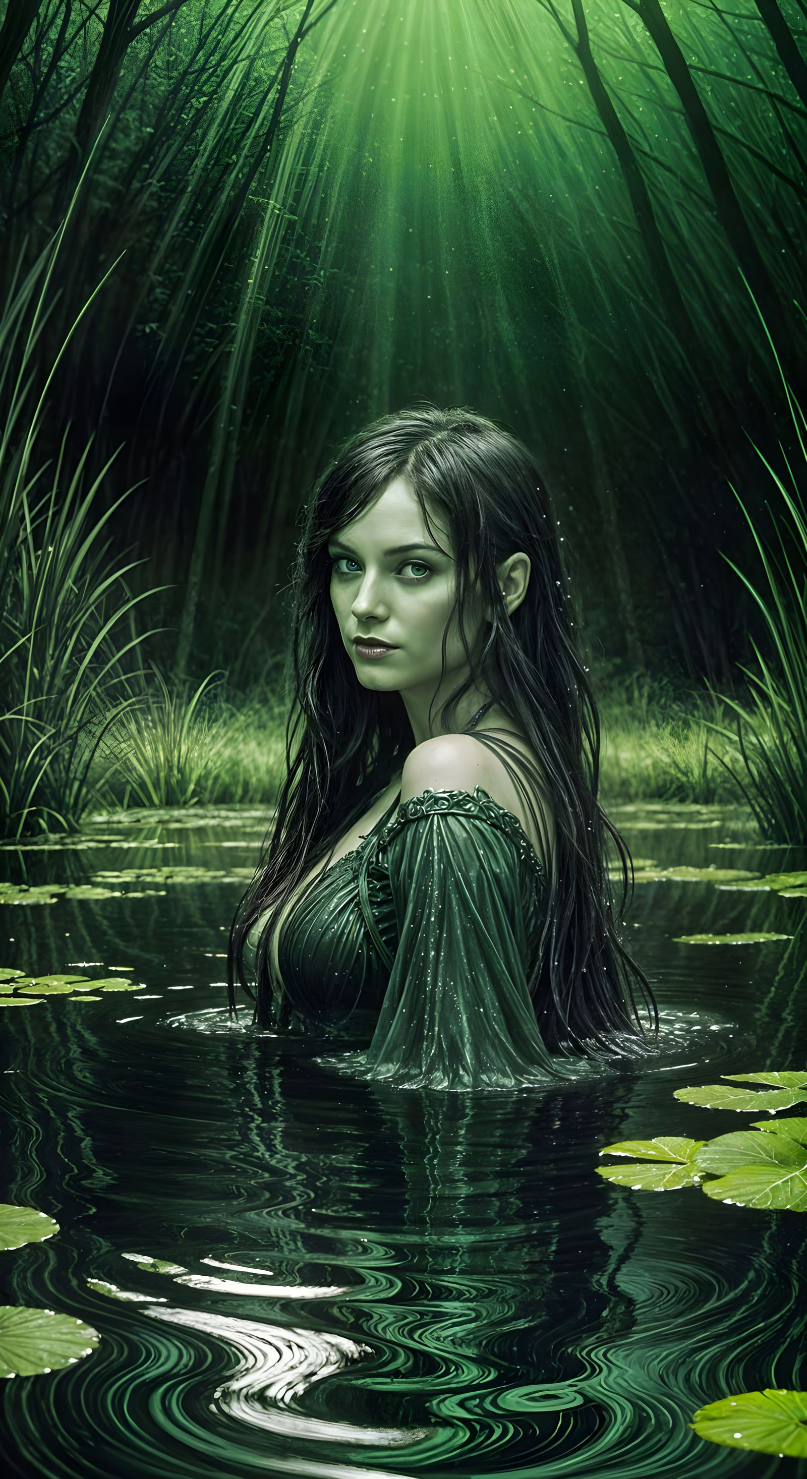 Ethereal Gothic Naiad in a Serene Pond Scene