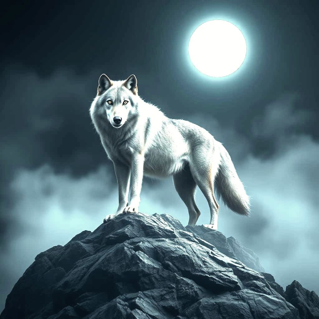 Wolf Under a Glowing Full Moonlit Mountain