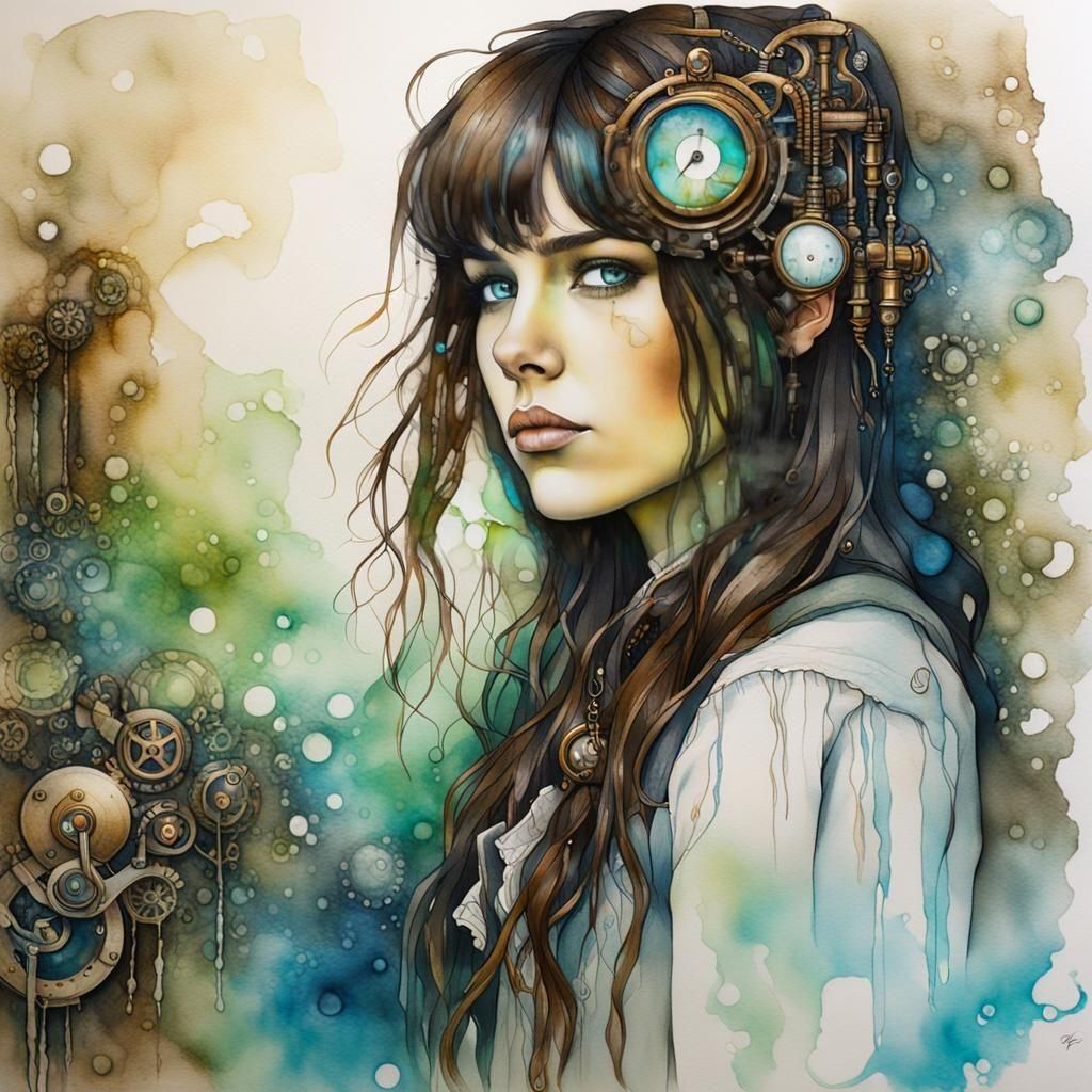 Steampunk Woman Portrait in Alcohol Ink and Watercolor