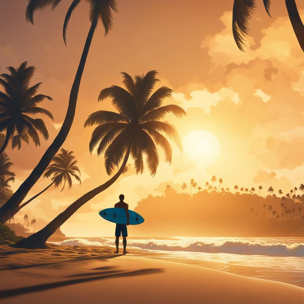 Surfer Contemplates Sunset on Hawaiian Beach in Cinematic Fi...