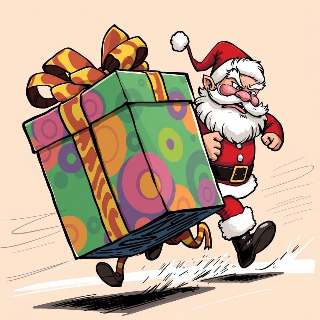 Energetic Christmas Present Chases Santa in Whimsical Cartoo...