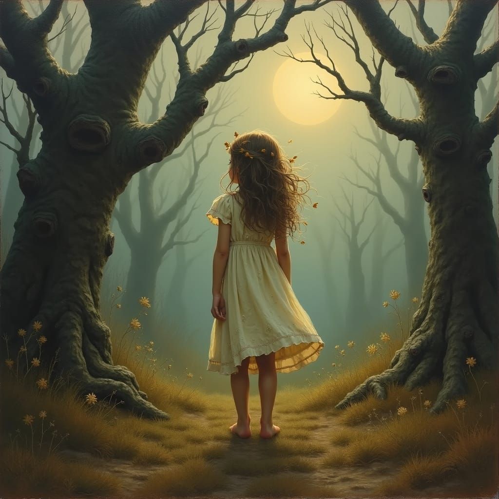 Girl Lost in Misty Forest, Oil Painting