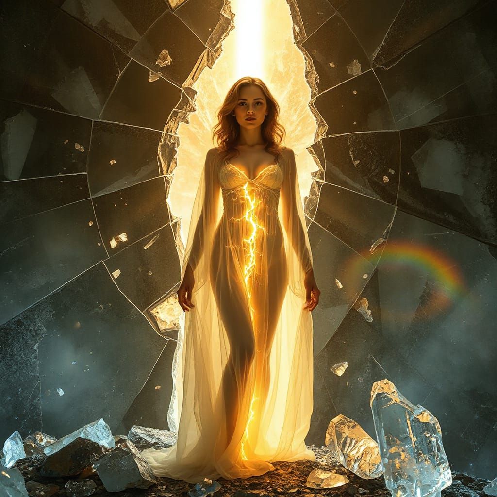 Crystalline Woman Emerging from Shattered Wall