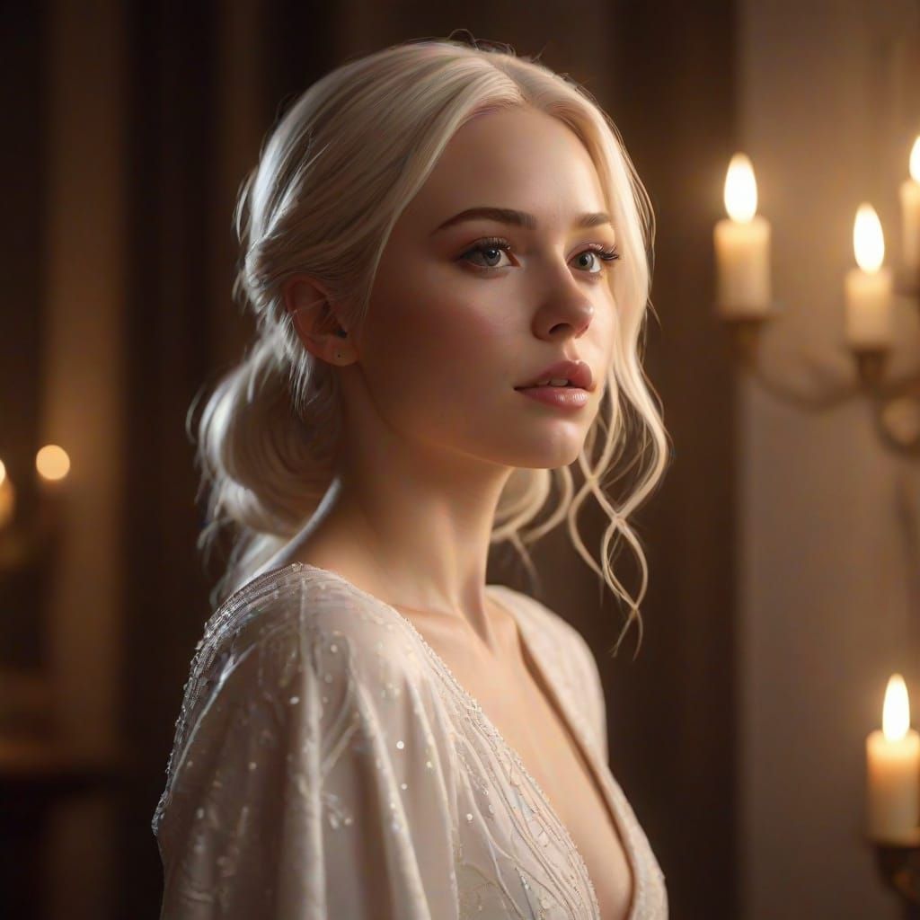 Sensual Woman Basks in Candlelit Glow with Glowing Circuitry