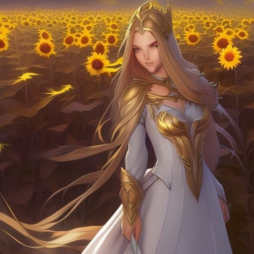 Girl with Sword in Sunflower Field: Detailed Portrait