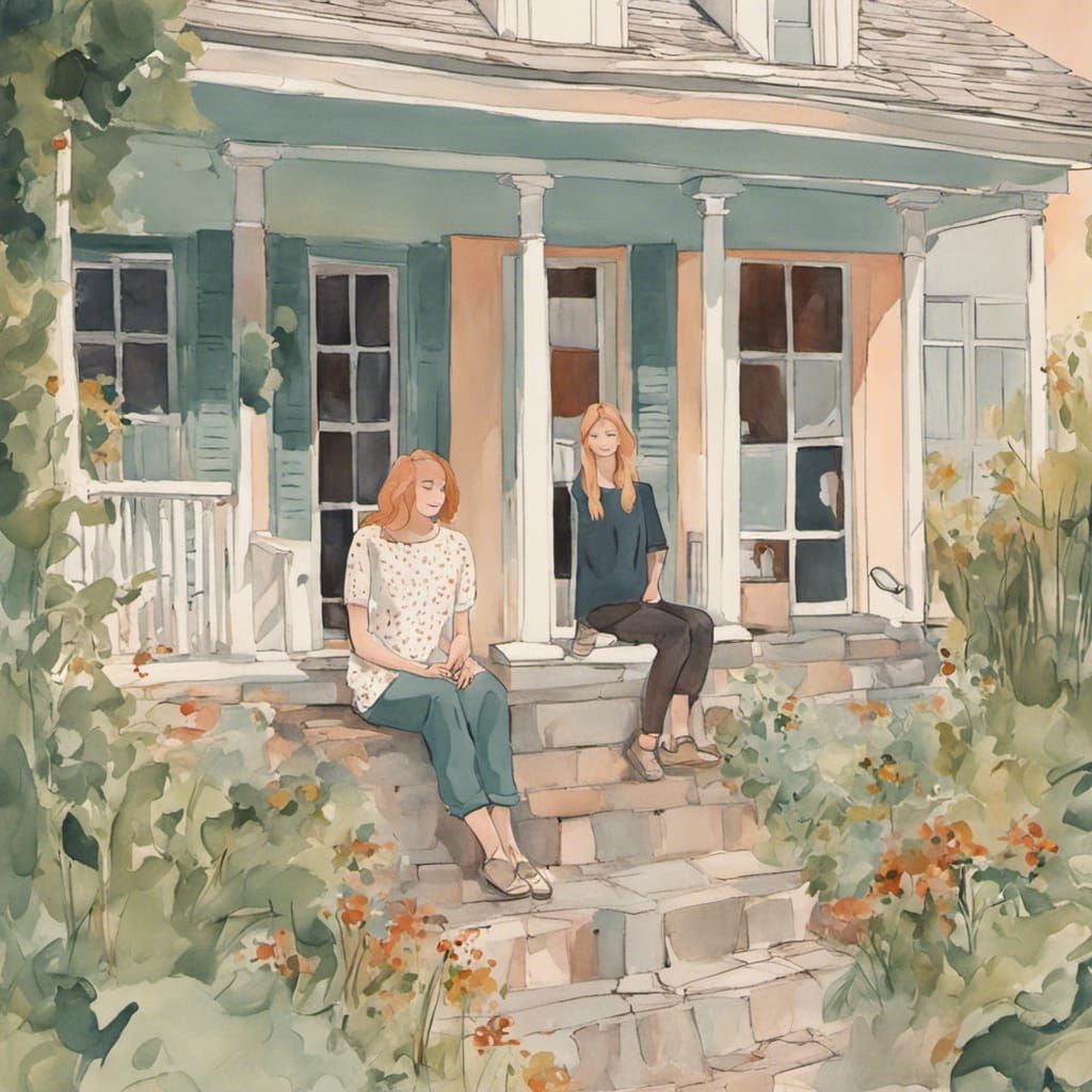 Serene Hilltop House with Two Women, Stevenson Style