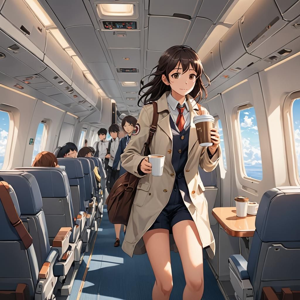 Anime Style Woman Holding Coffee in Airplane
