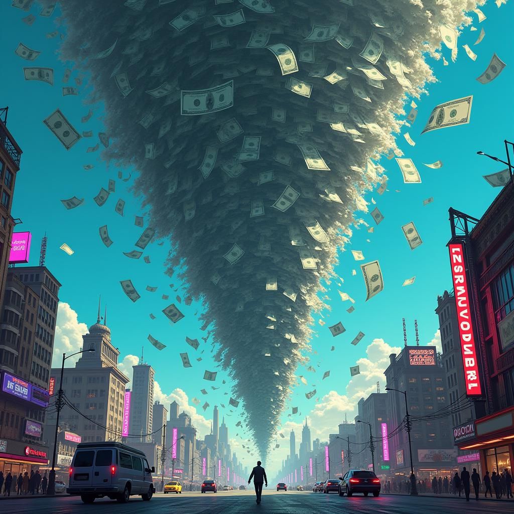 Cyberpunk Tornado of Paperwork and Money