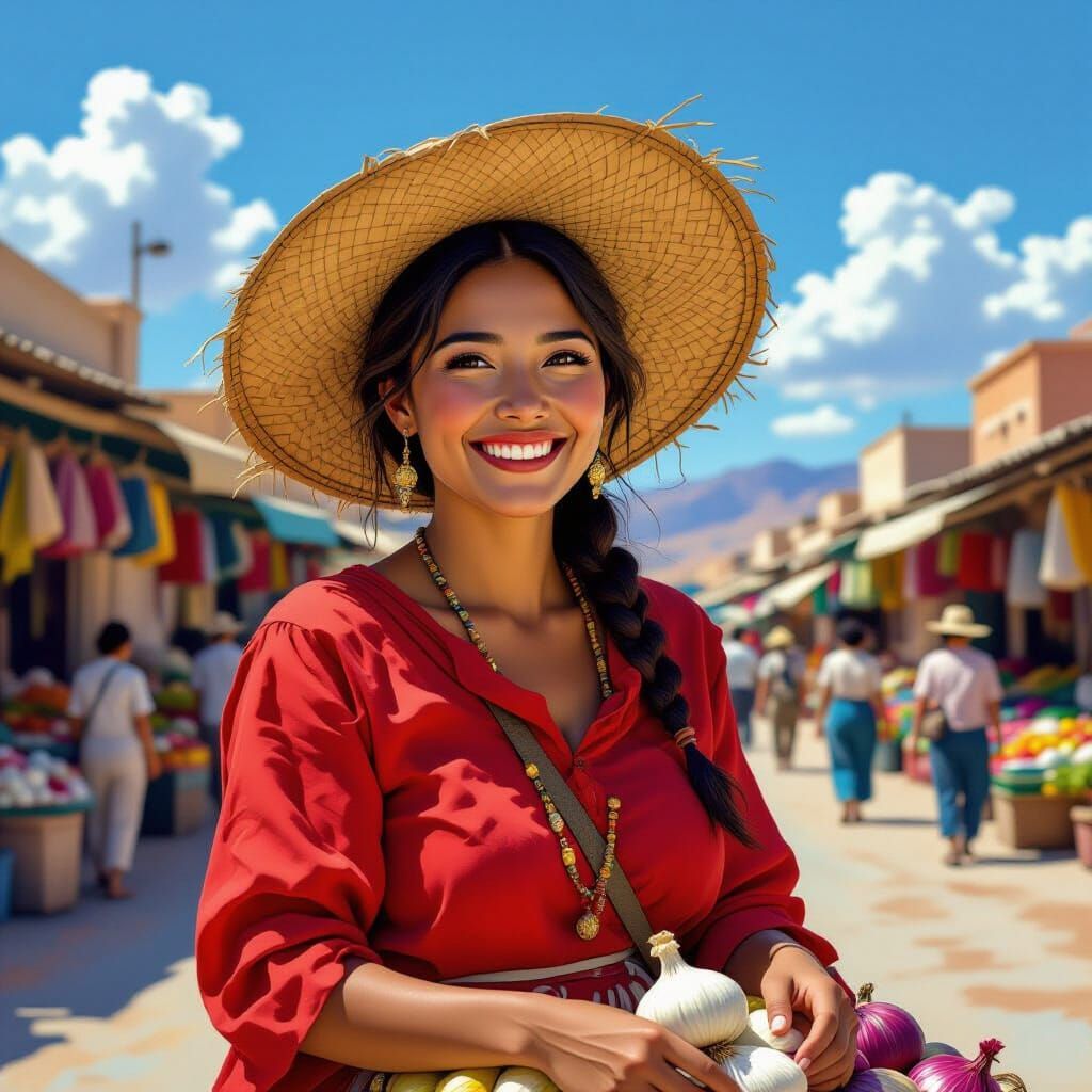 Joyful Onion Seller in Desert Market, Folk Art Style