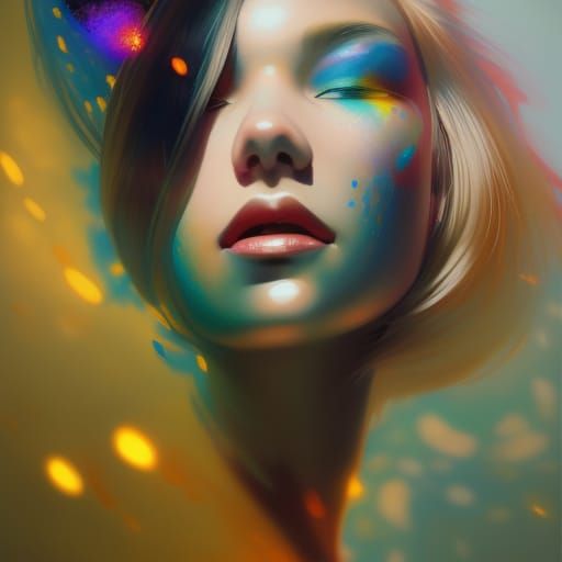 Opalescent Portrait with Flowers and Fireflies