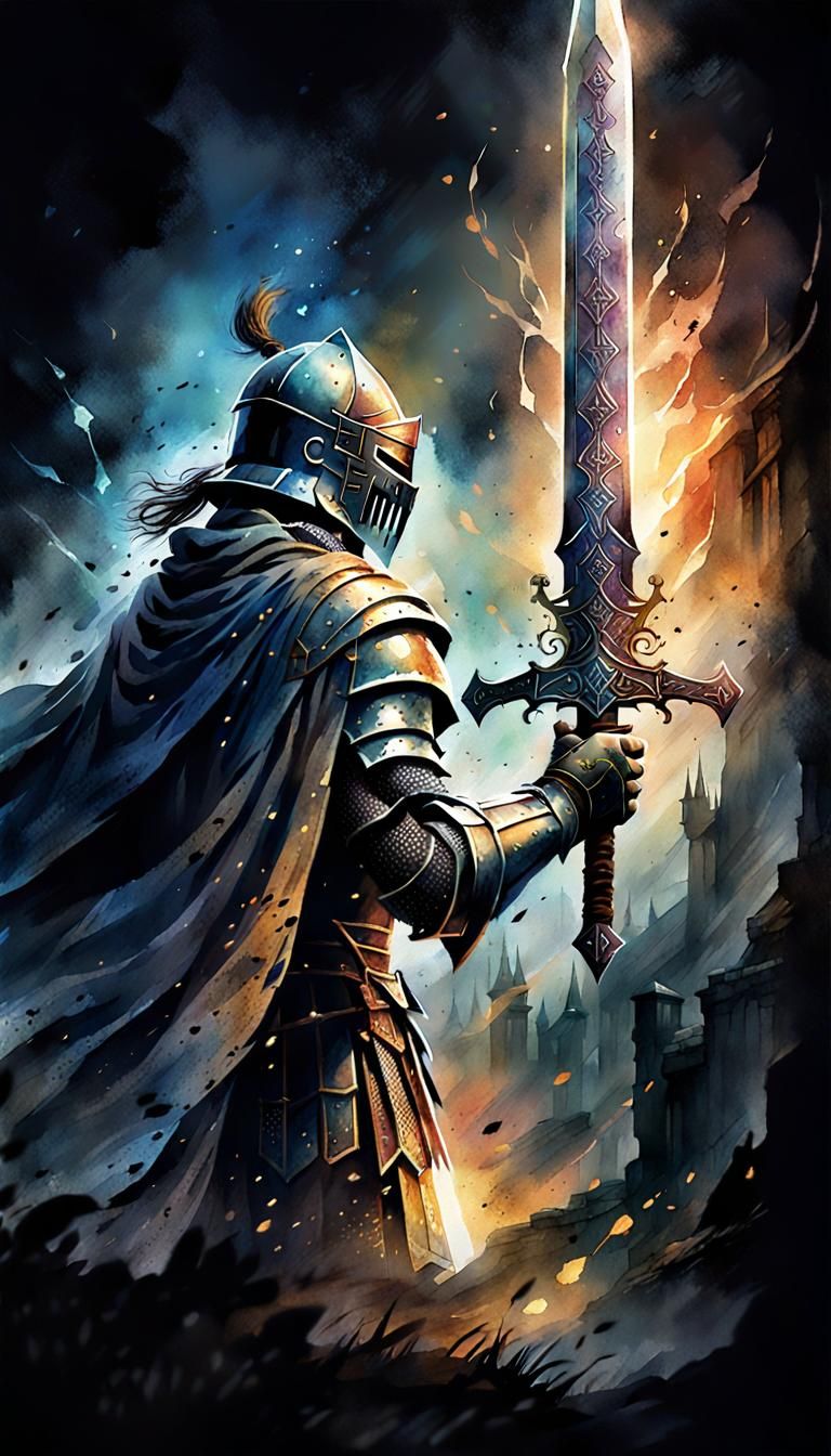 Mighty Knight with Magical Sword Watercolor Painting