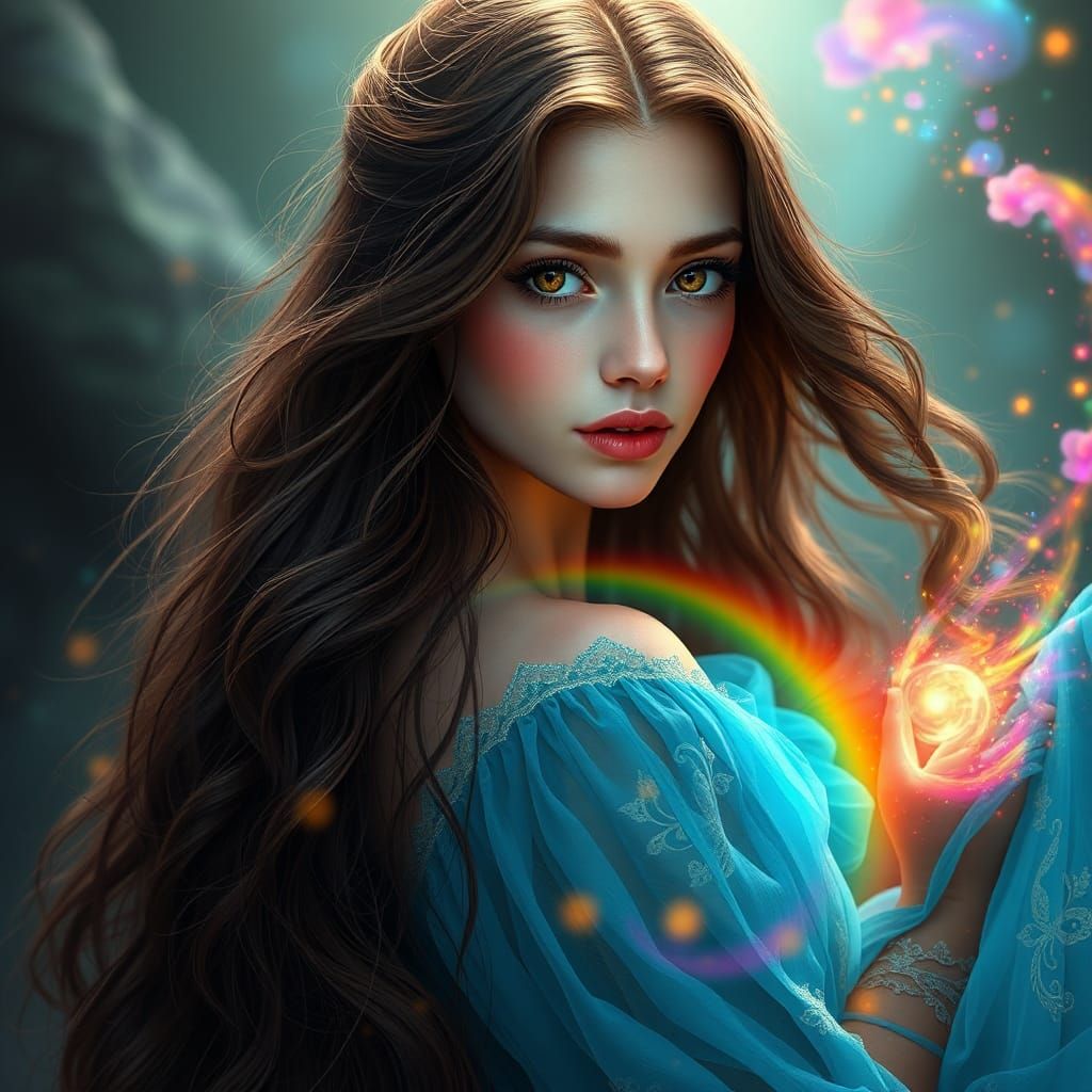 Mystical Woman in Flowing Dress with Magic Swirls