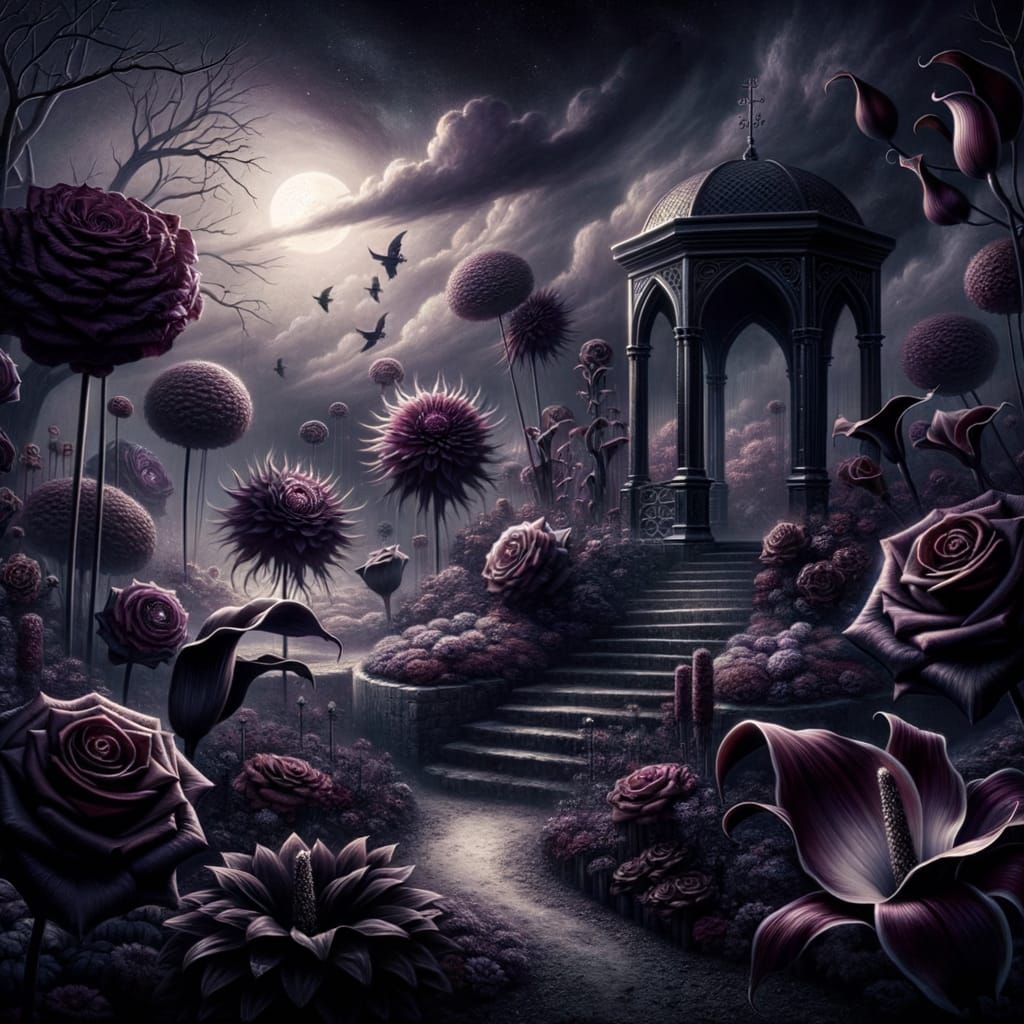 Surreal Gothic Garden Illuminated by Moonlight Mystery