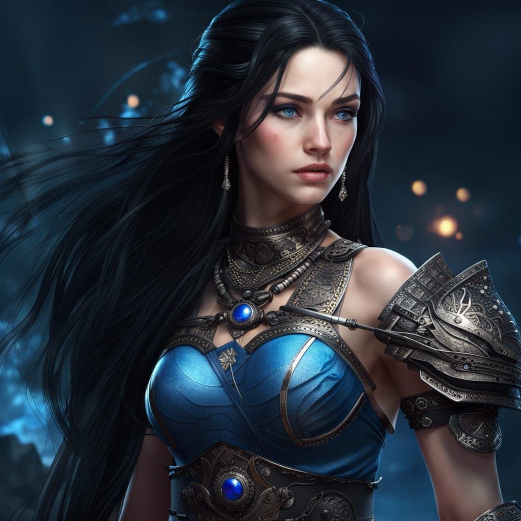 Beautiful Warrior Girl with Black Hair, Blue Eyes