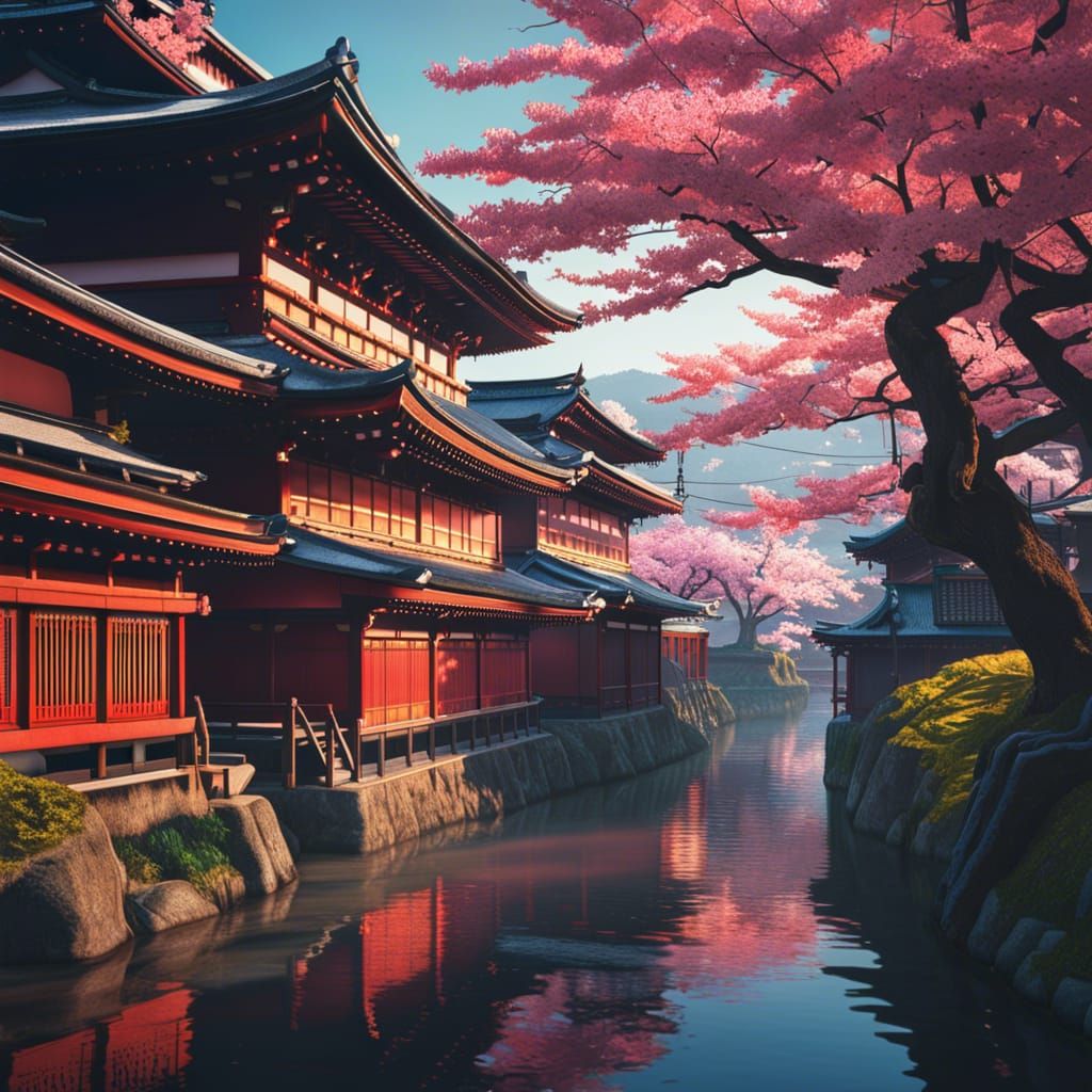 Kyoto Shrines and Cherry Blossoms: Digital Art