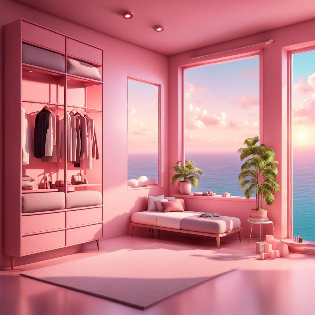 Modern Pink Dressing Room with Sea View Balcony