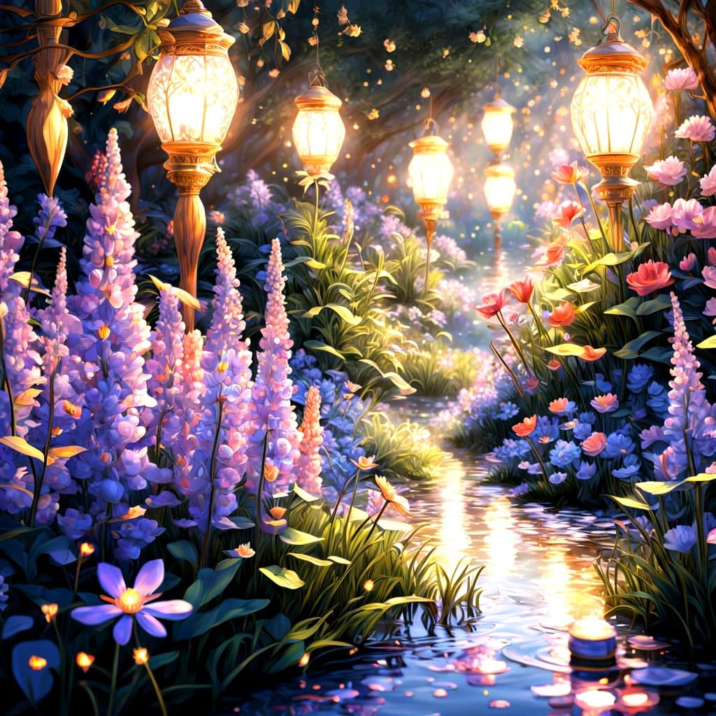 Midnight English Garden in Vibrant Colours and Whimsical Lig...