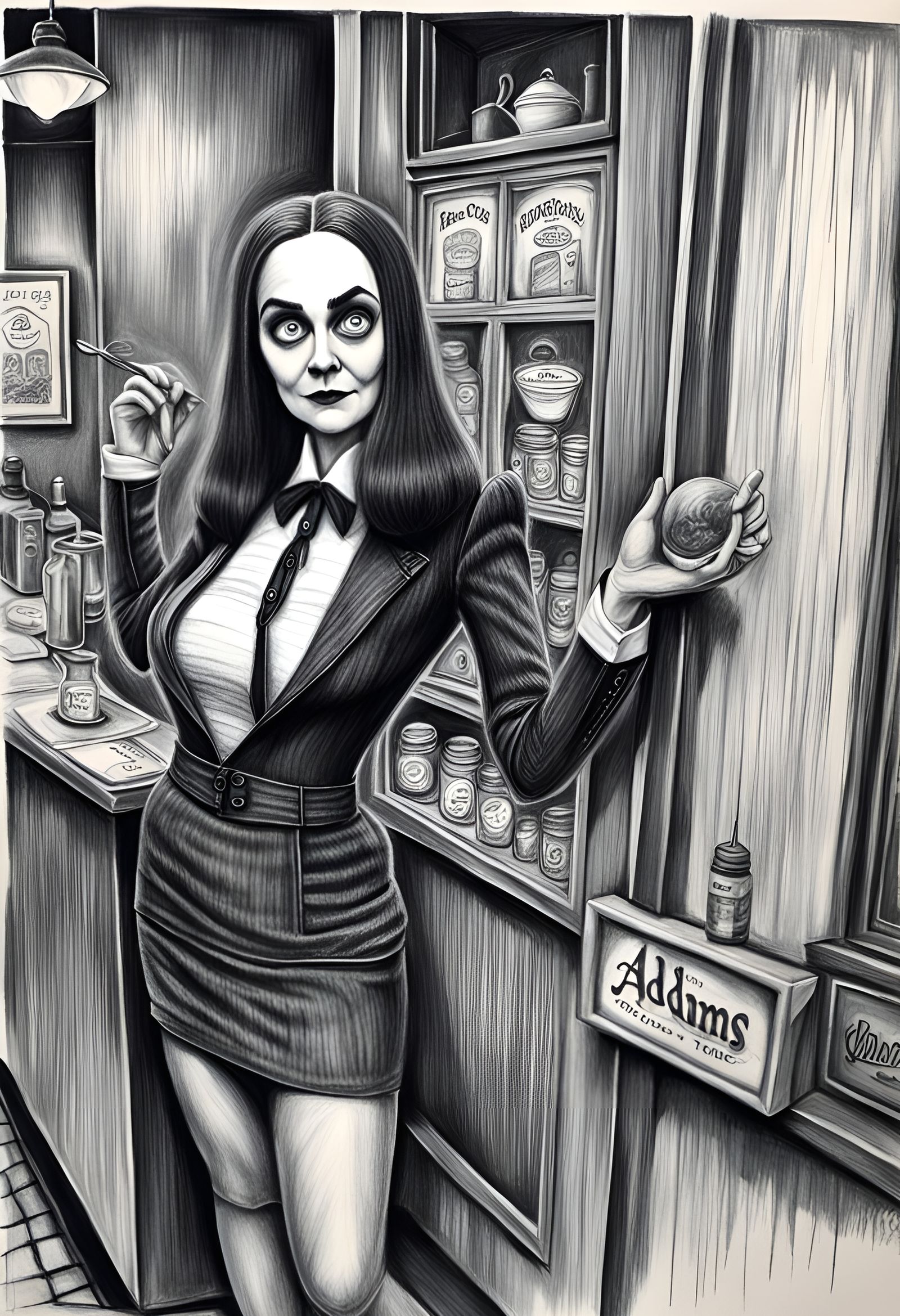 Addams Family Diner Waitress: Hyperdetailed Charcoal Drawing