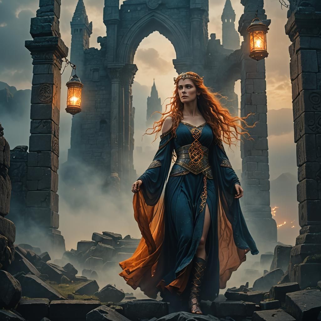 Celtic Goddess Rises in Dark Fantasy 80s Scene