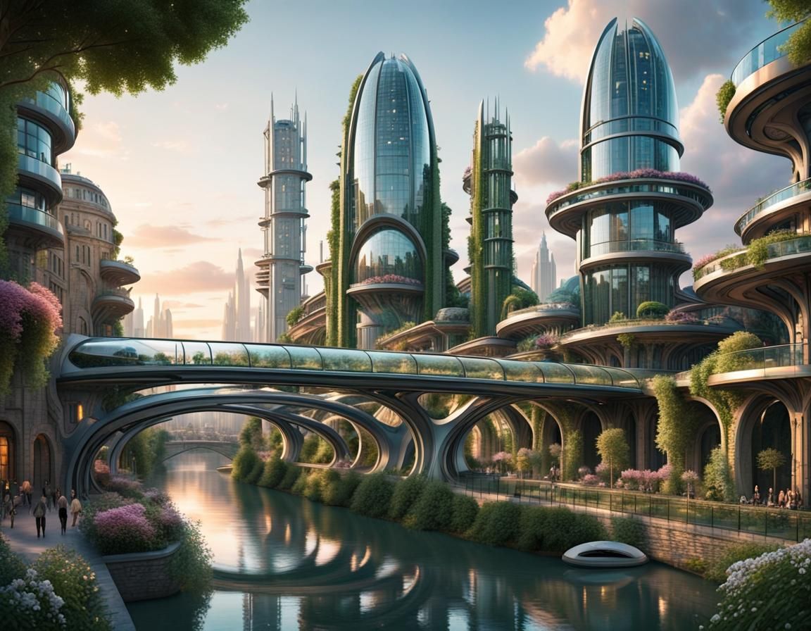 Utopian Cityscape: Futuristic Meets Medieval Architecture