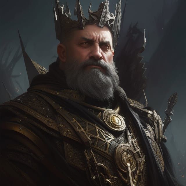 A old gothic dwarf king wearing a black iron crown, white hair. head and shoulders portrait, 8k resolution concept art p...