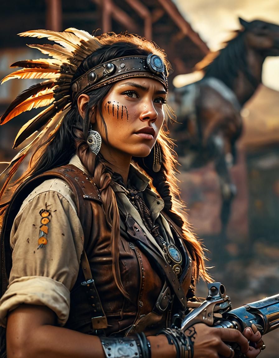 Native American Gunslinger with Steampunk Engine