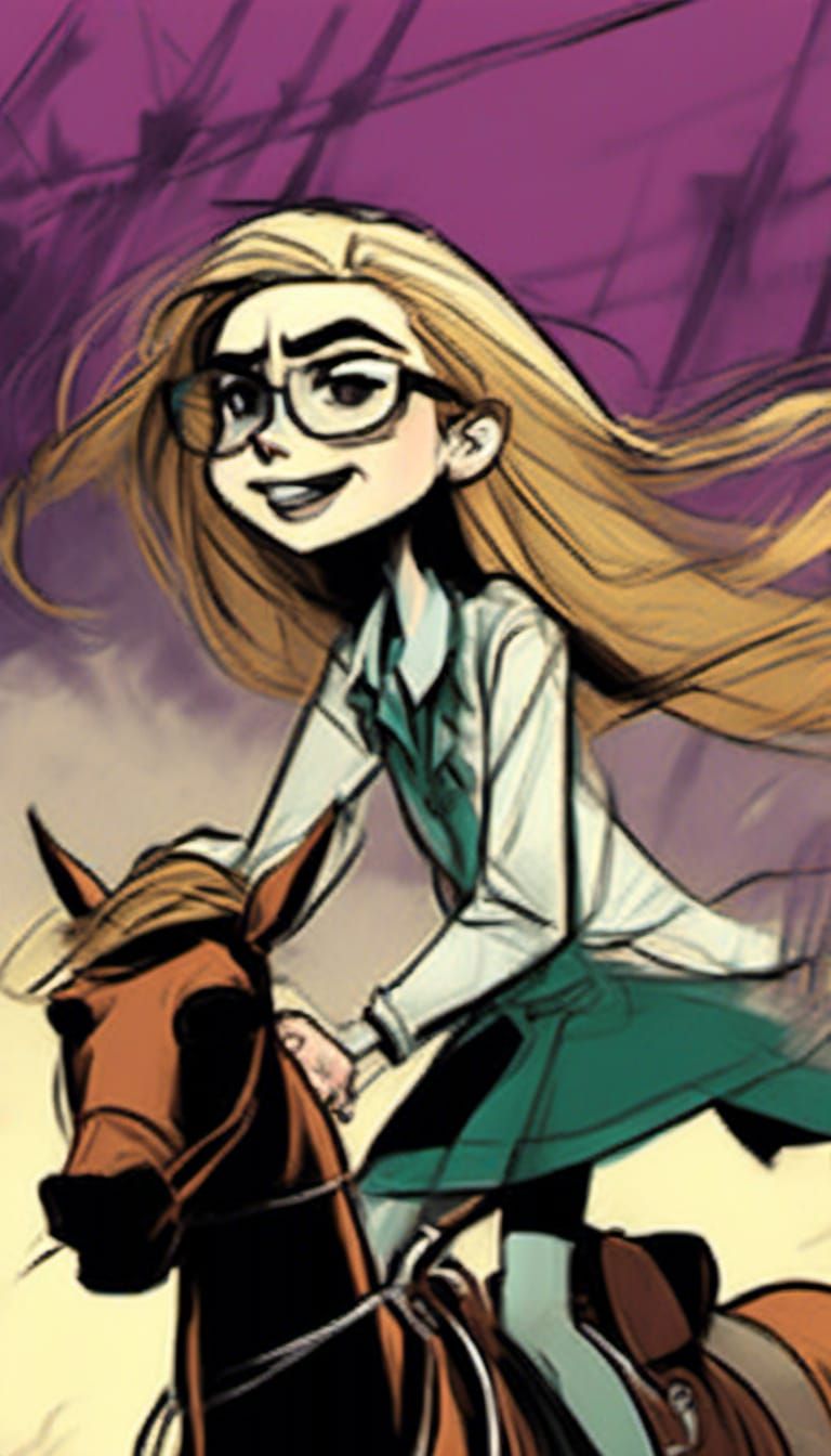 Cowgirl Riding a Horse in Comic Book Style