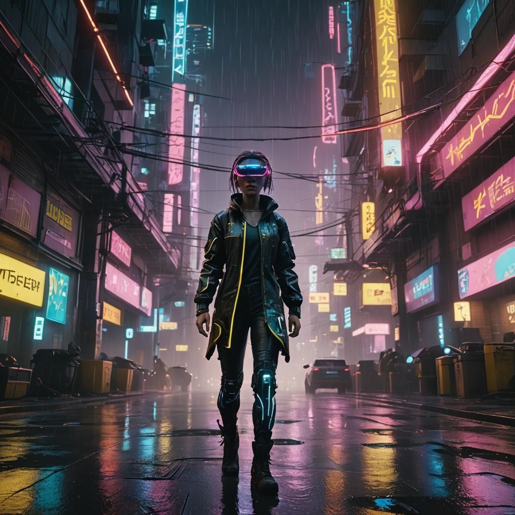 Android in Cyberpunk Cityscape with VR Headset