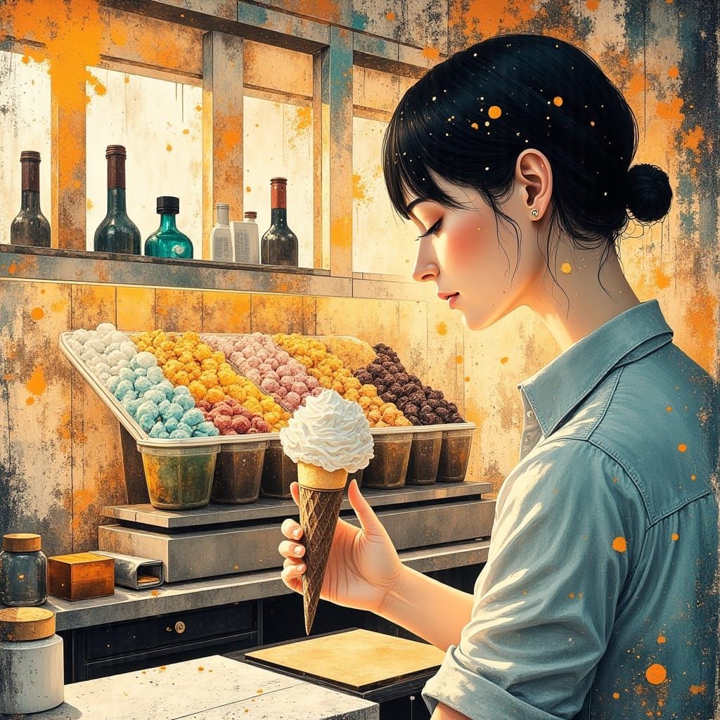 Mystical Ice Cream Shopkeeper in a Dreamlike Setting