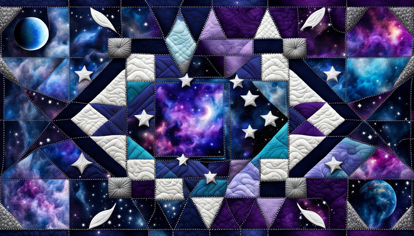 patchwork quilt with space design, stars, nebulas, planets, quilted, deep colour, vivid, vibrant, digital art 8k resolut...