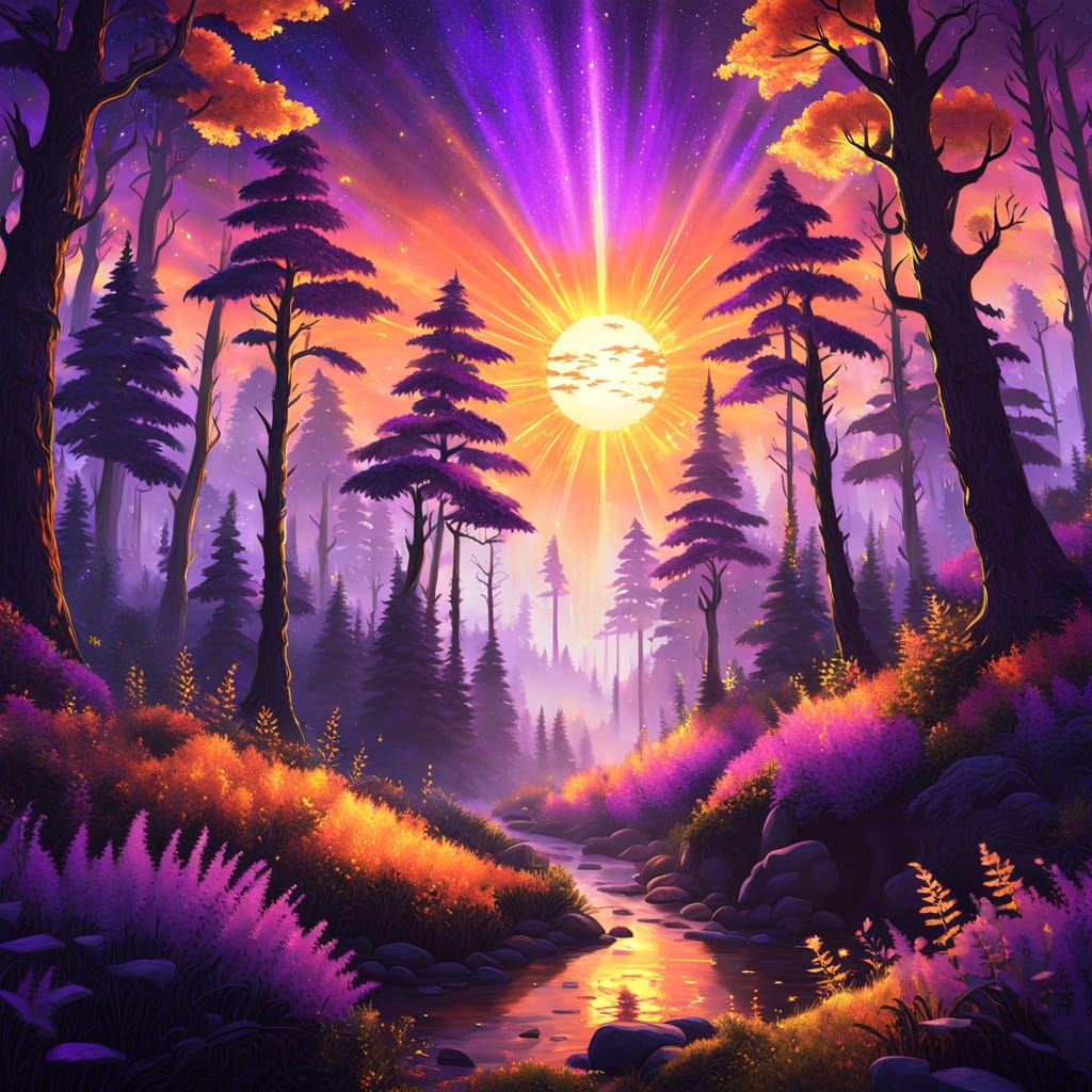 Vibrant Fantasy Sunset with Golden Glitter and Twinkling Sta...