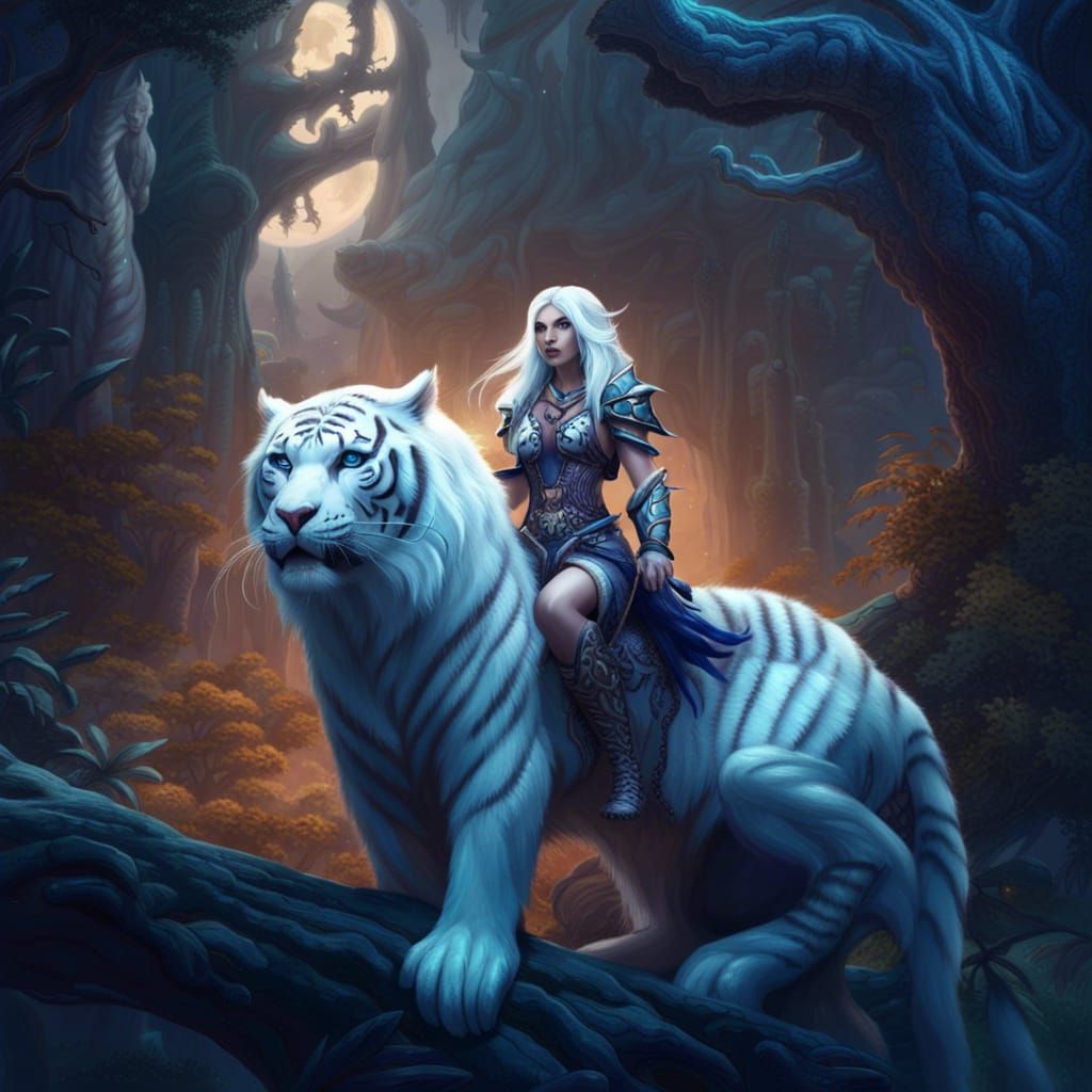 Night Elf Sentinel on White Tiger in Moonlit Forest