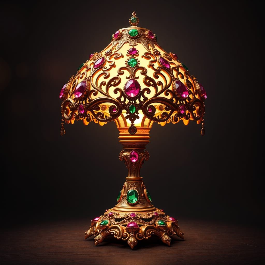 Ornate 3D Lamp Base with Gold, Rubies and Emeralds