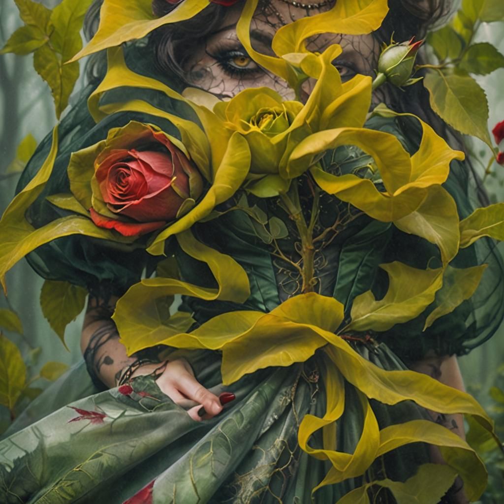 Woman with Rose in Misty Forest, Oil Painting Style