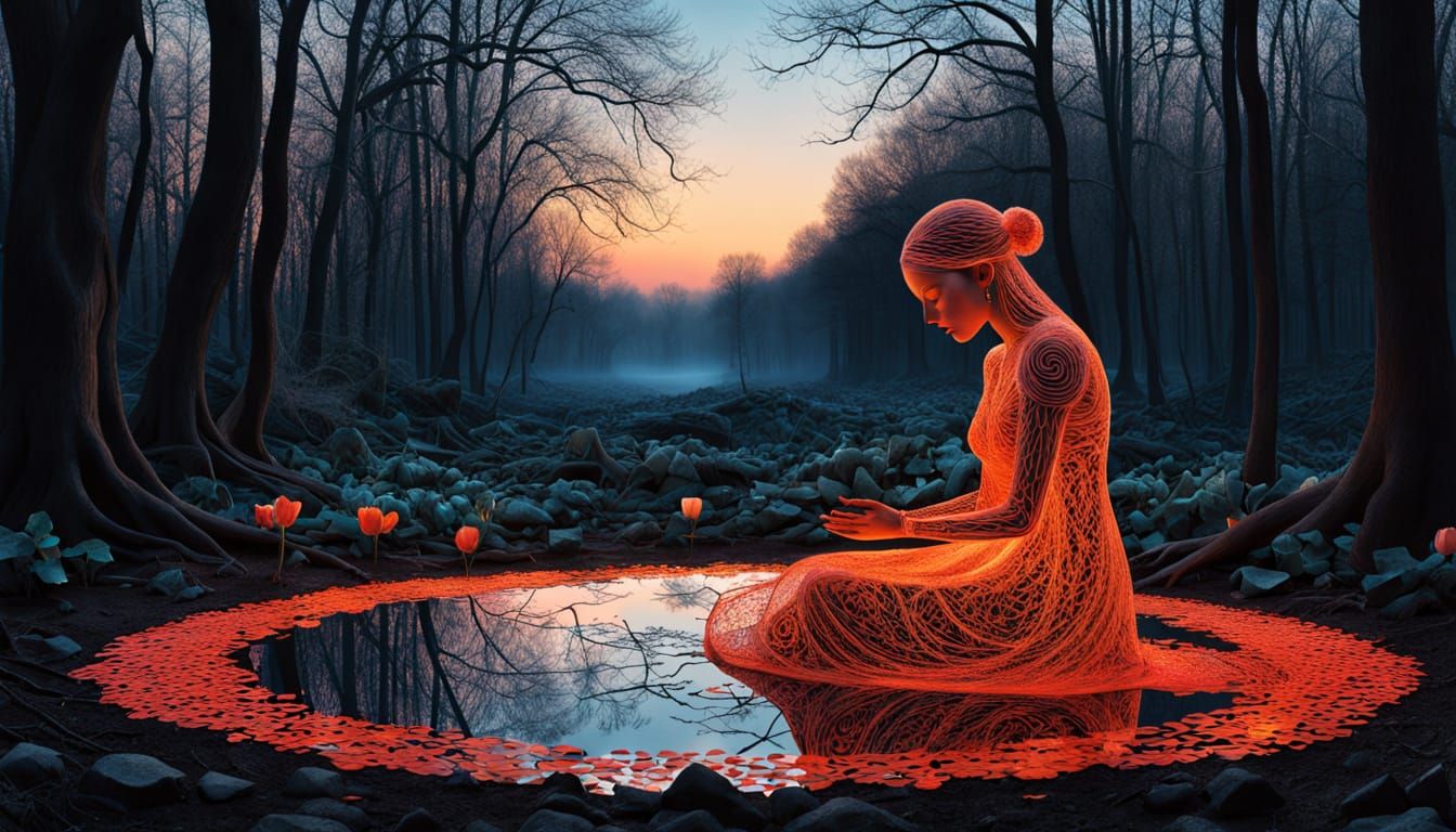 Surreal Fragmented Sculpture of Woman by Sunset