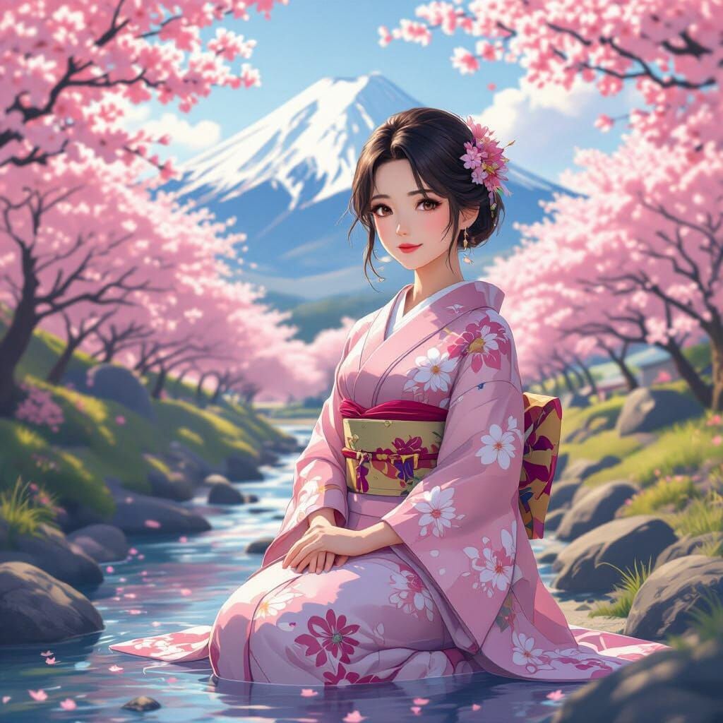 Serene Japanese Woman in Pink Kimono with Cherry Blossoms