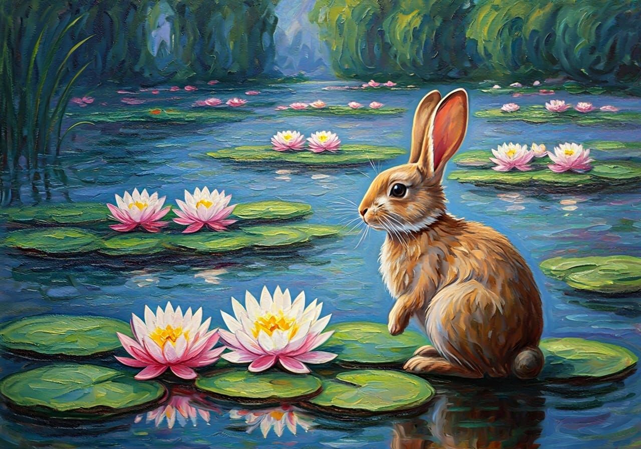 Rabbit in Monet's Water Lilies Impasto Painting